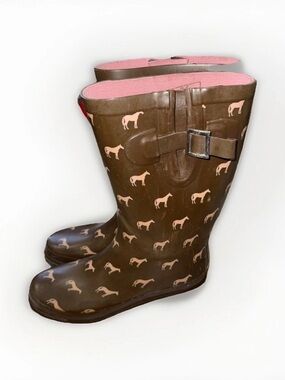 Western Chief Brown Rain Boots with Cream Horse Print